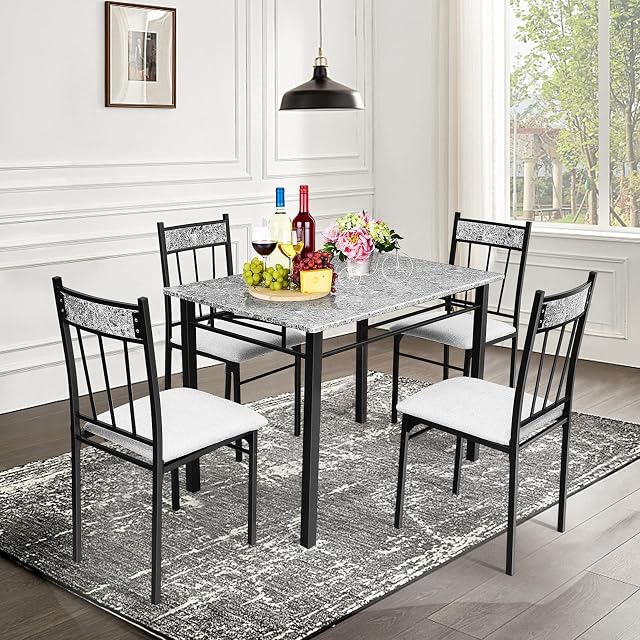 COSTWAY Marble Kitchen Dining Set, 5 Piece Dining Table and Chair Set with Sponge Cushion, Metal Structure Kitchen Table Set for Living Room, Bar, Restaurant and Cafe (Grey)