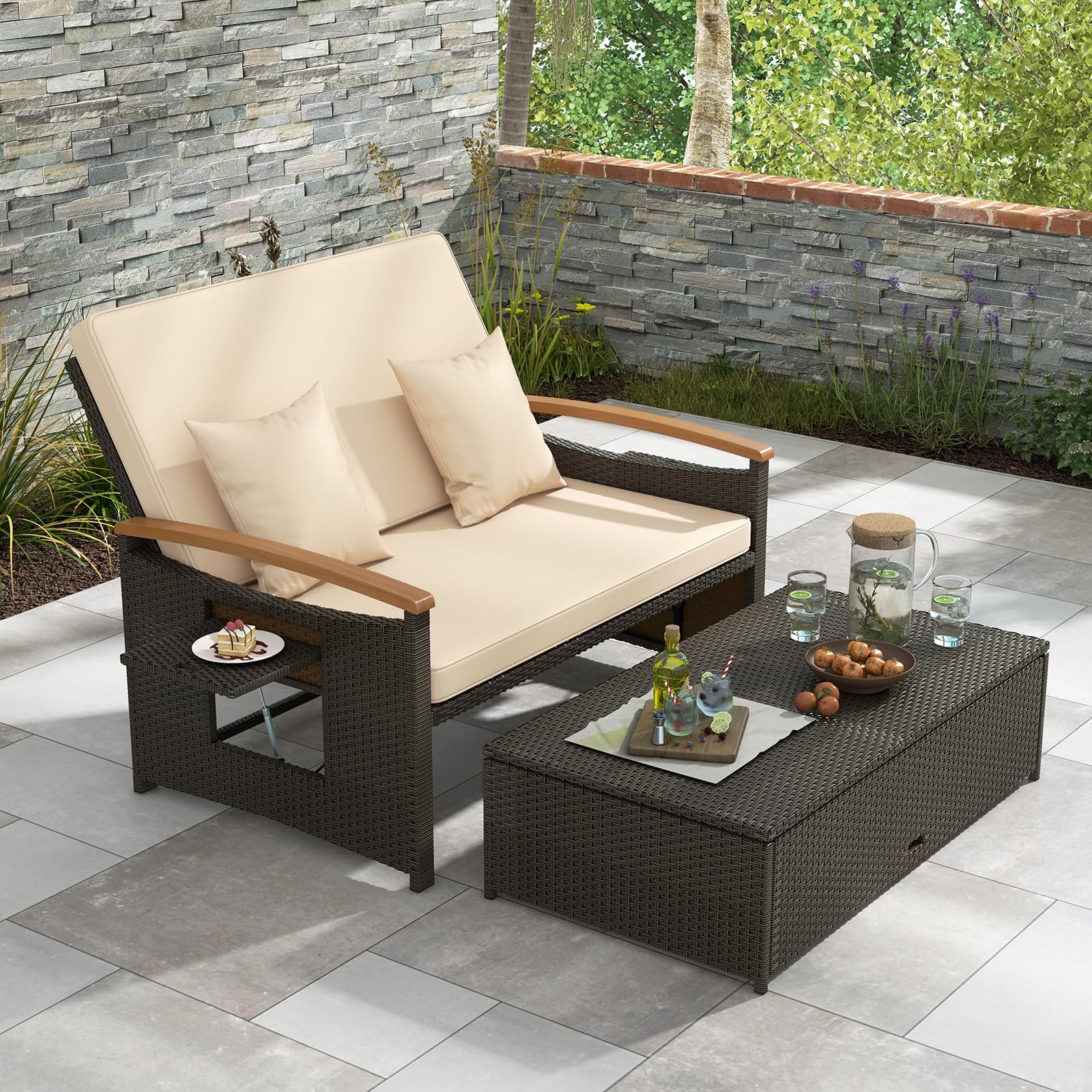 GYMAX 4-en-1 Canapé-Lit de Jardin, Table Basse, Ottoman, Coussins Oreillers Confortables, Dossier Réglable à 4 Niveaux, Salon de Jardin Exterieur en Rotin 2 Personnes, pour Patio, Terrasse, Piscine