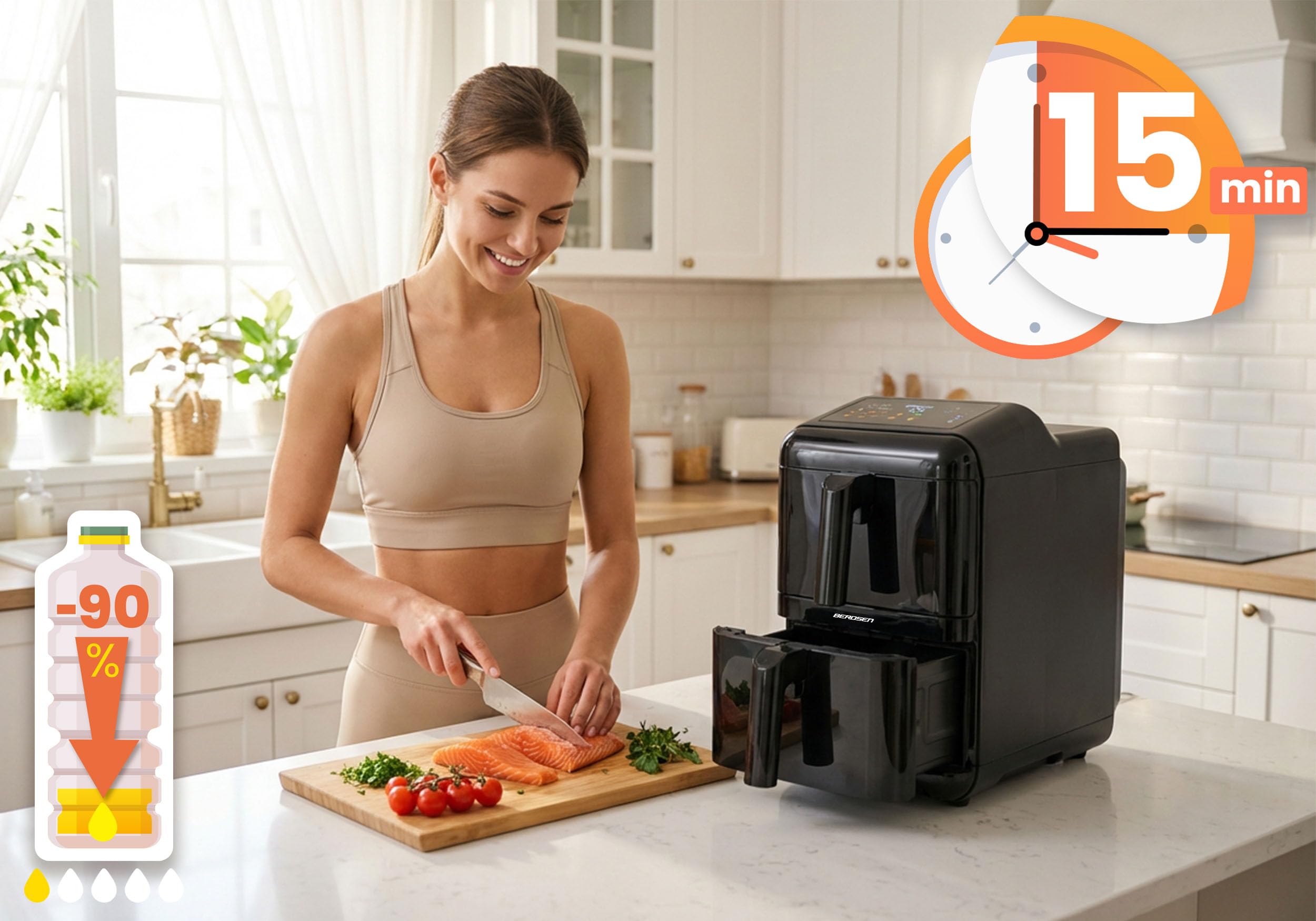 Berdsen Frytkownica Beztłuszczowa Airfryer na Gorące Powietrze 11,6 l - Dwukomorowa Pionowa 2 x 5,8 l, 3000 W, 9 Programów, Ekran Dotykowy i Okienko LED - Pieczenie, Grillowanie i Suszenie - Czarna