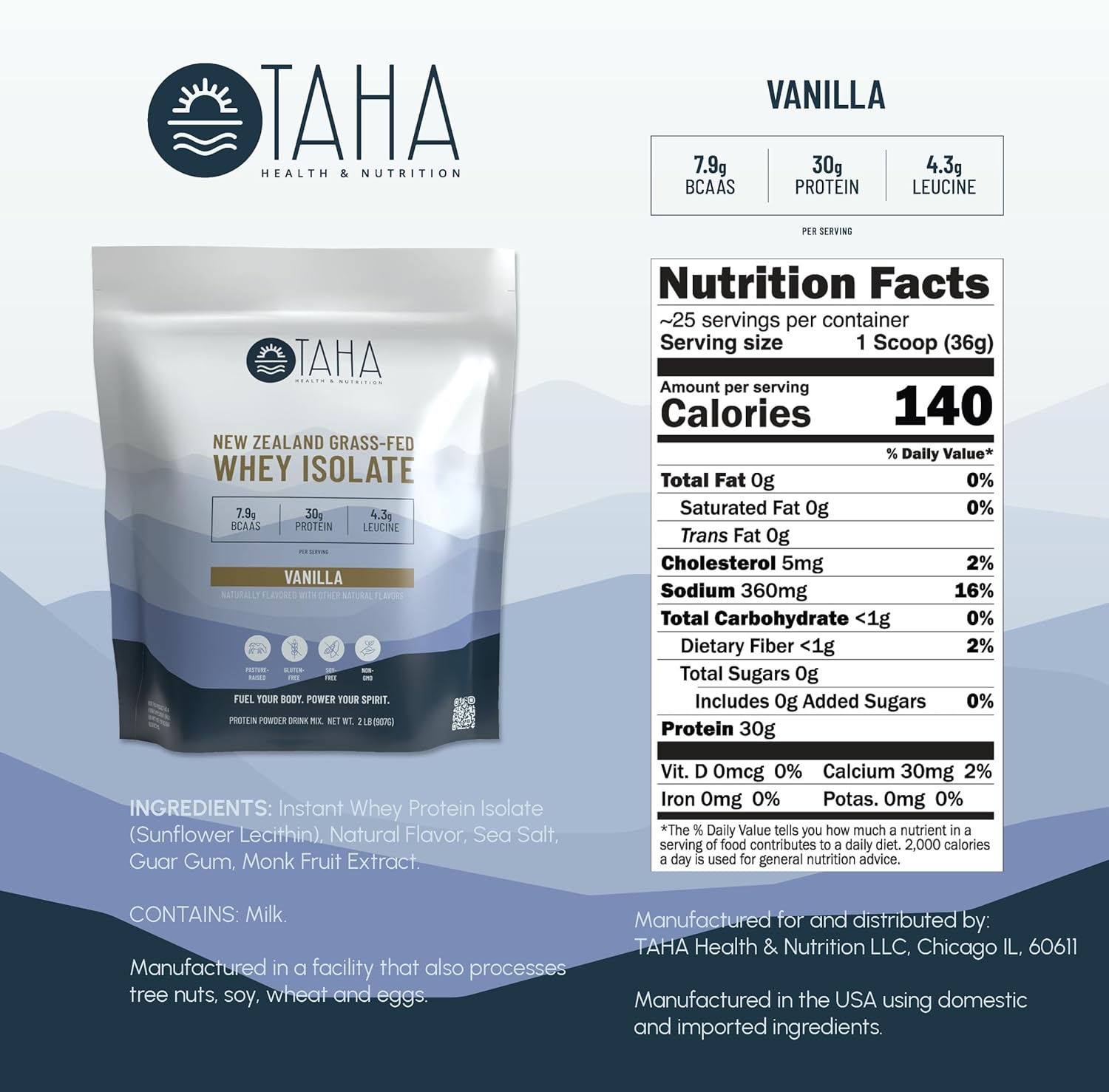 Taha Health & Nutrition Vanilla Whey Protein Isolate Powder, 30g Protein, 7.9g BCAAs, 4.3g Leucine | New Zealand Free-Range, Grass-Fed Dairy | Gluten-Free, Keto, Kosher | 2LB, 25 Servings - Image 4