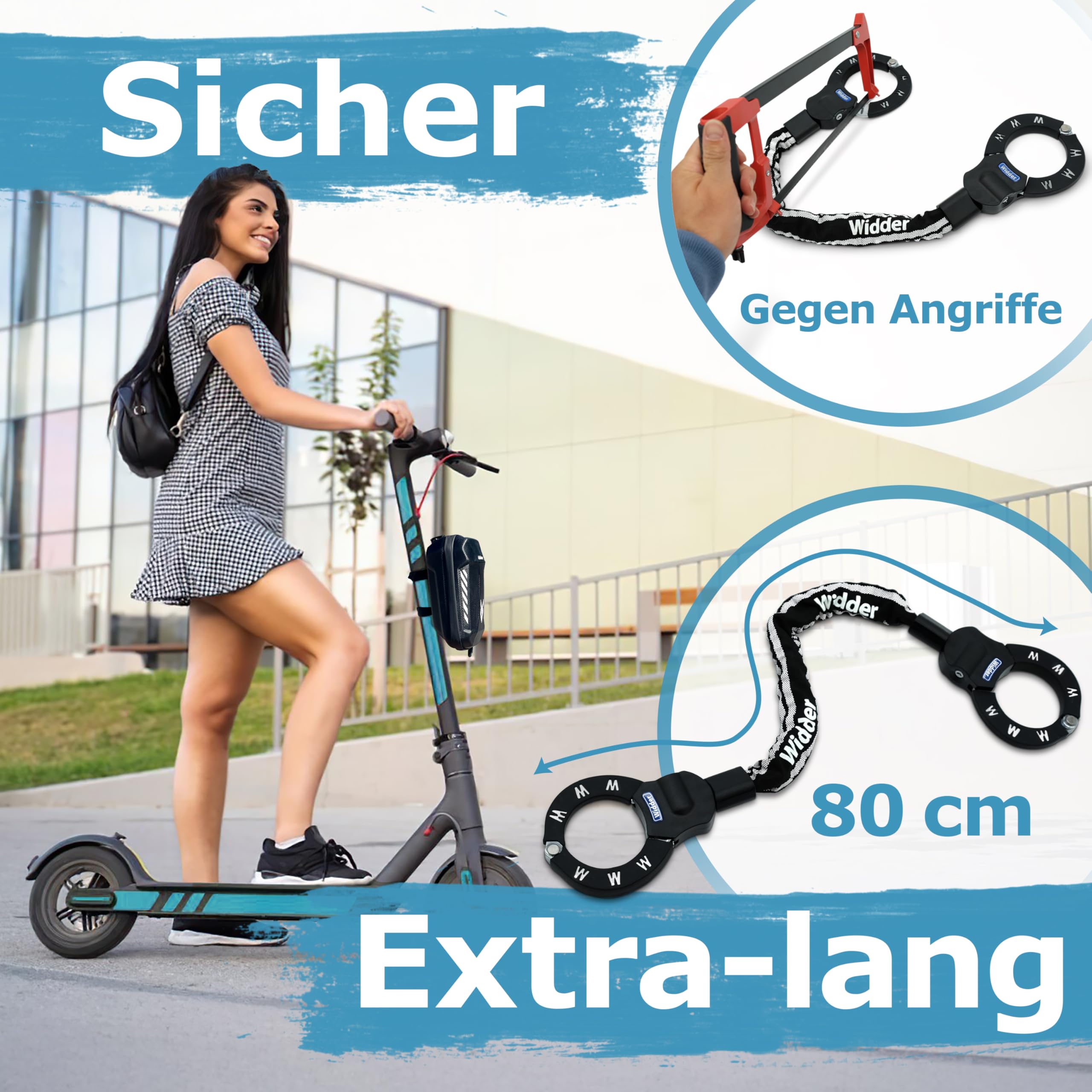 WIDDER Sicheres Handschellenschloss [80cm lang, 4 Schlüssel, 8mm Massiv Stahl] E Scooter Schloss mit Tasche – Handschellen Schloss für e Roller & Fahrrad - Fahrradschloss, e-scooter & e bike lock