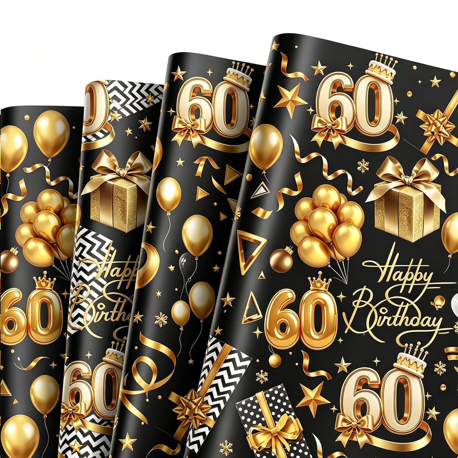 5 Sheet 60th Birthday Wrapping Paper, 70x50cm Black Gold Gift Wrap with 1 Roll 5M Ribbon for Gift Pack, Eco Gift Wrapping Paper Sheet for Man Women Girls Boys Birthday Present Decoration