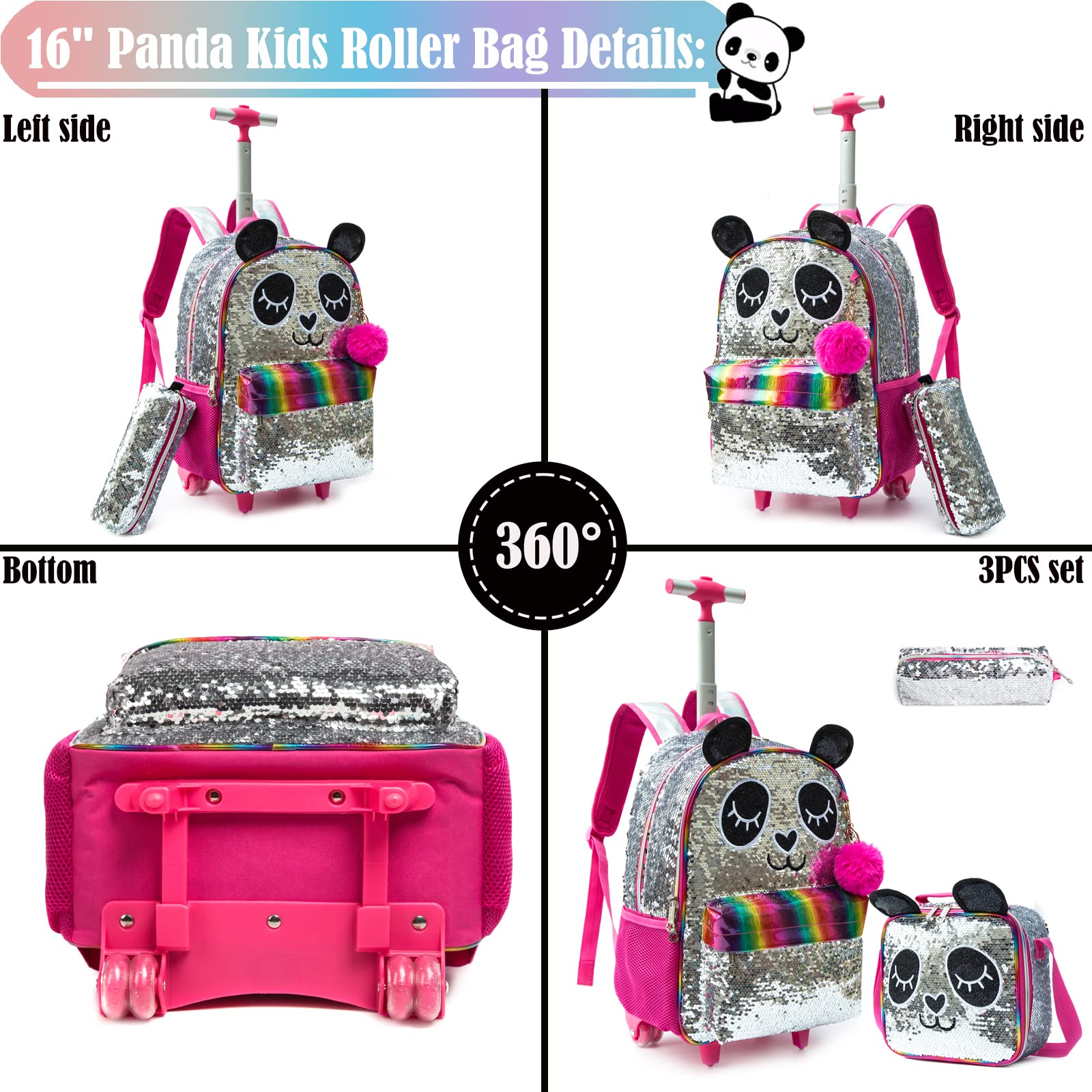 Mochilas Escolares con Ruedas Para Niñas,3PCS Mochila Carro Bolsa del Almuerzo y Estuche de Lápices Bolsos Escolares Para Chicas,16" Maleta Niños con Ruedas de Sirena Morada para Niñas con Lentejuelas