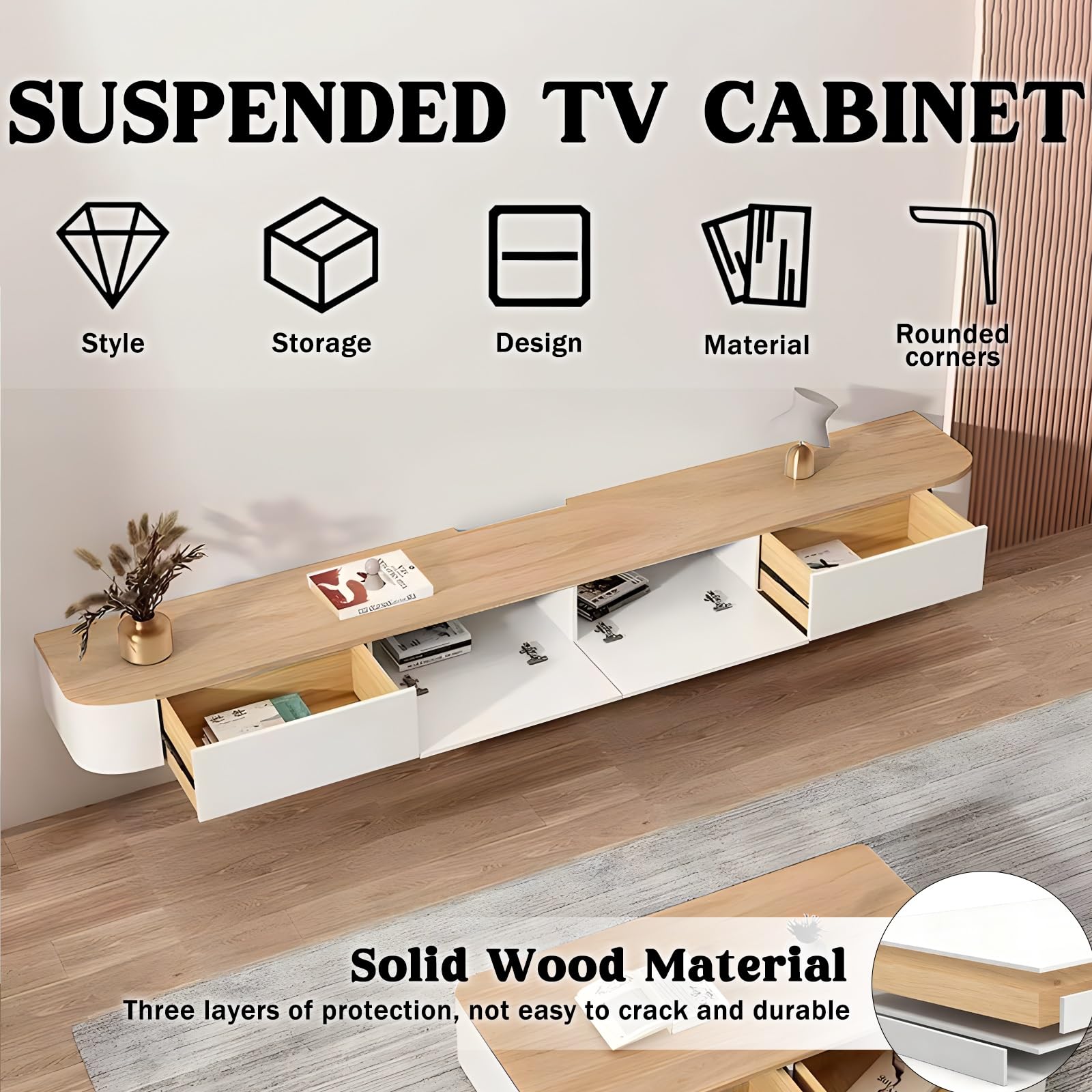 Mueble de TV flotante premontado con cajones, mueble de TV de madera montado en la pared, consola flotante moderna con gran almacenamiento, banco de TV que ahorra espacio debajo de la TV para sala de