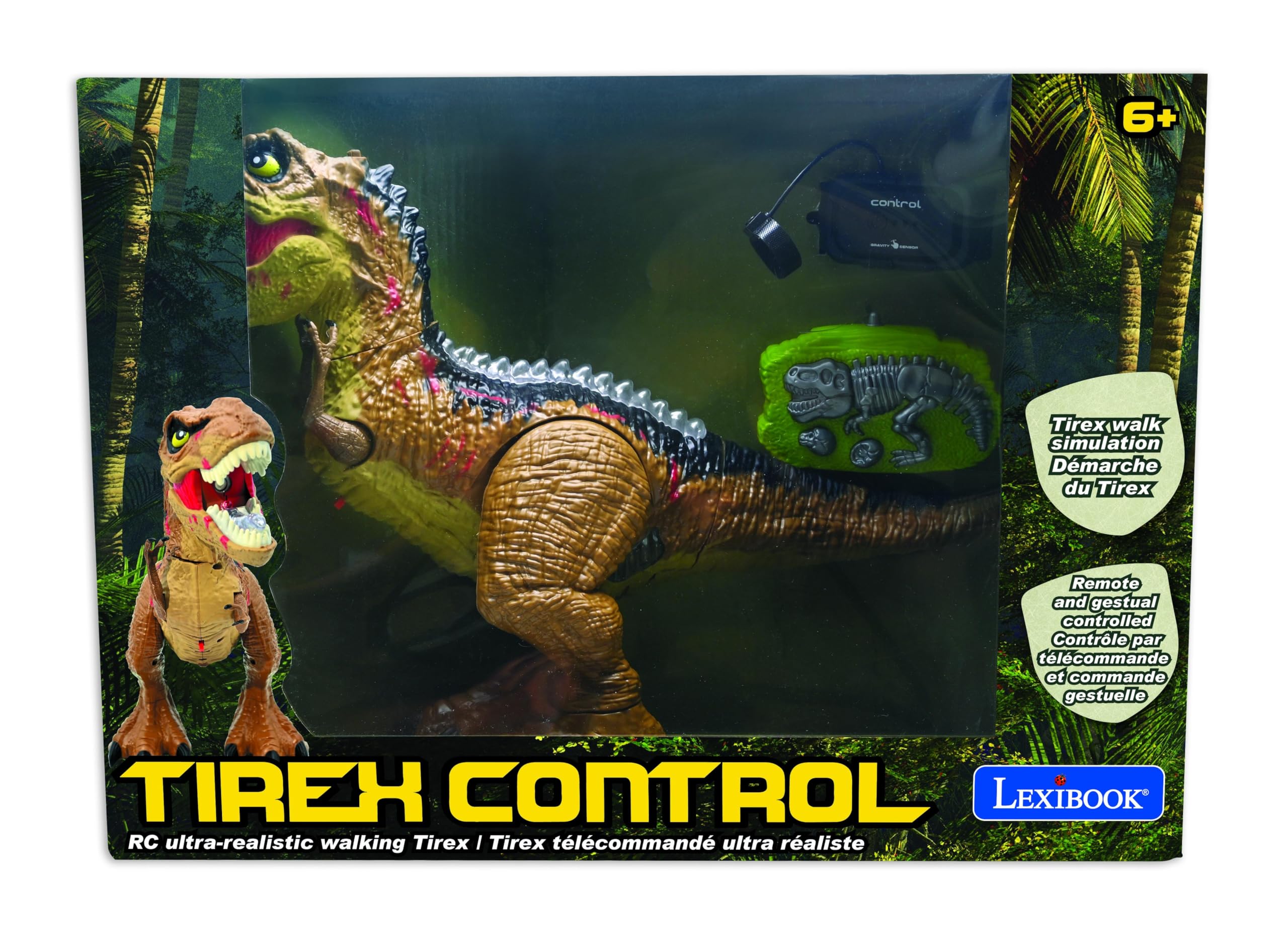 Lexibook - Tirannosauro di Controllo RC, Dinosauro Realistico, Movimenti articolati, Ruggito, Sputo di Fumo, Effetti di Luce, Ricaricabile, Fossili e telecomandi Portatili Inclusi, DINO02LXB