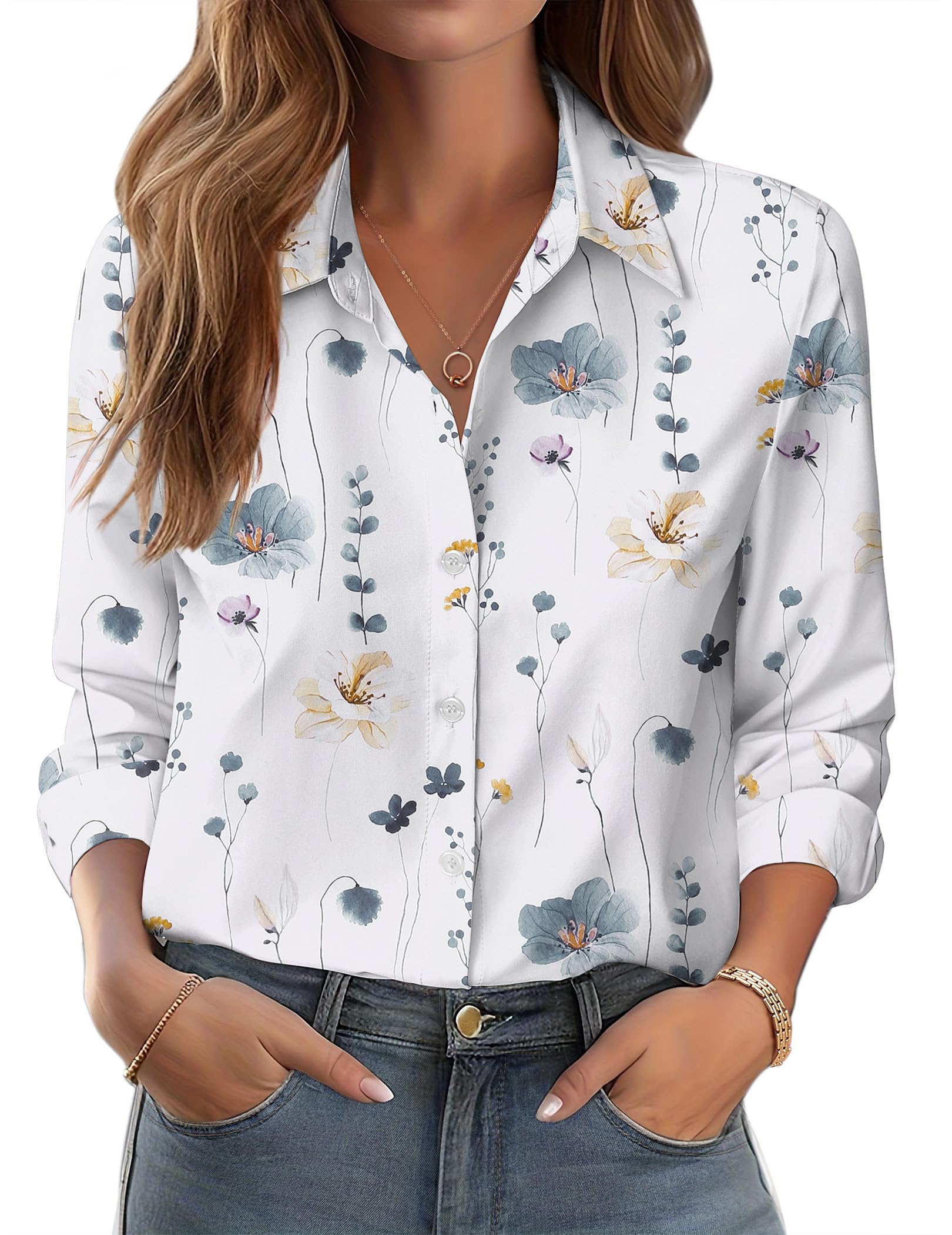 Zeagoo Chemise Femme Fleurs Longue Élégant Manches Col Montant Fleur Boutonnée Printemps Été Business Basique sans Repassage Haut