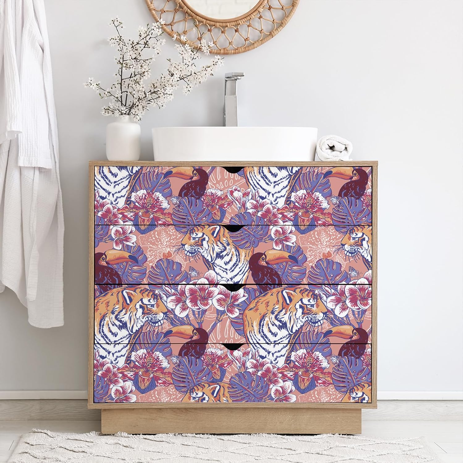 VaryStyle Pink Tropical Wallpaper Jungle Tiger Toucan Palm Leaf Floral Peel and Stick Wallpaper Pink Floral Animal Contact Paper for Cabinets Walls Removable Self Adhesive Vinyl for Bedroom 17.7"x118"
