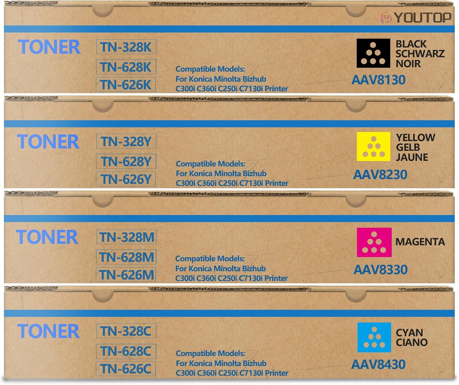 4PK TN328 TN628 TN626 TN330 Toner Cartridge TN-328 TN-628 TN-626 TN-330 High Capacity Replacement for Konica Minolta Bizhub C300i C360i C250i C7130i Printer