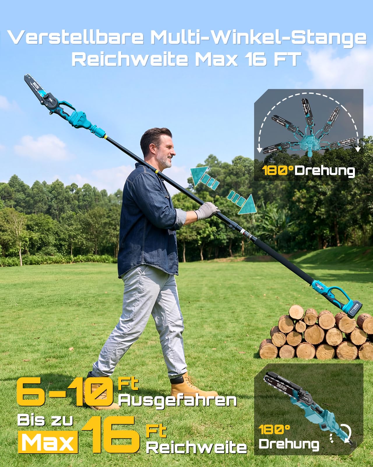 SEESII 2-in-1 8 Zoll Akku Astsäge & Mini Kettensäge mit 2×4000mAh Akkus | Bürstenlose Kettensäge mit Teleskopstange, Ausziehbar bis 4,5m für Baumschnitt, Astschnitt und Gartenpflege