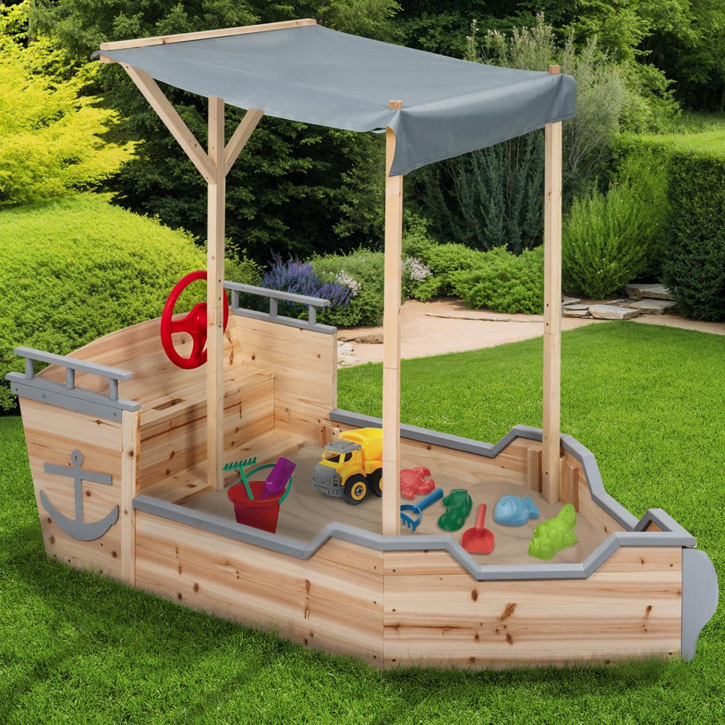 IDMarket - Bac à Sable World Bois Bateau de Pirate avec Banc Coffre et Toit Gris