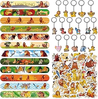 78 Pièces de Cadeaux d'Anniversaire du Roi Lion, Le Roi Lion Party Set de Cadeaux, 12 Bracelets à Déclic, 16 Porte-clés, 50 Autocollants, Jungle Safari Party Accessories, pour Enfants Garçons Filles