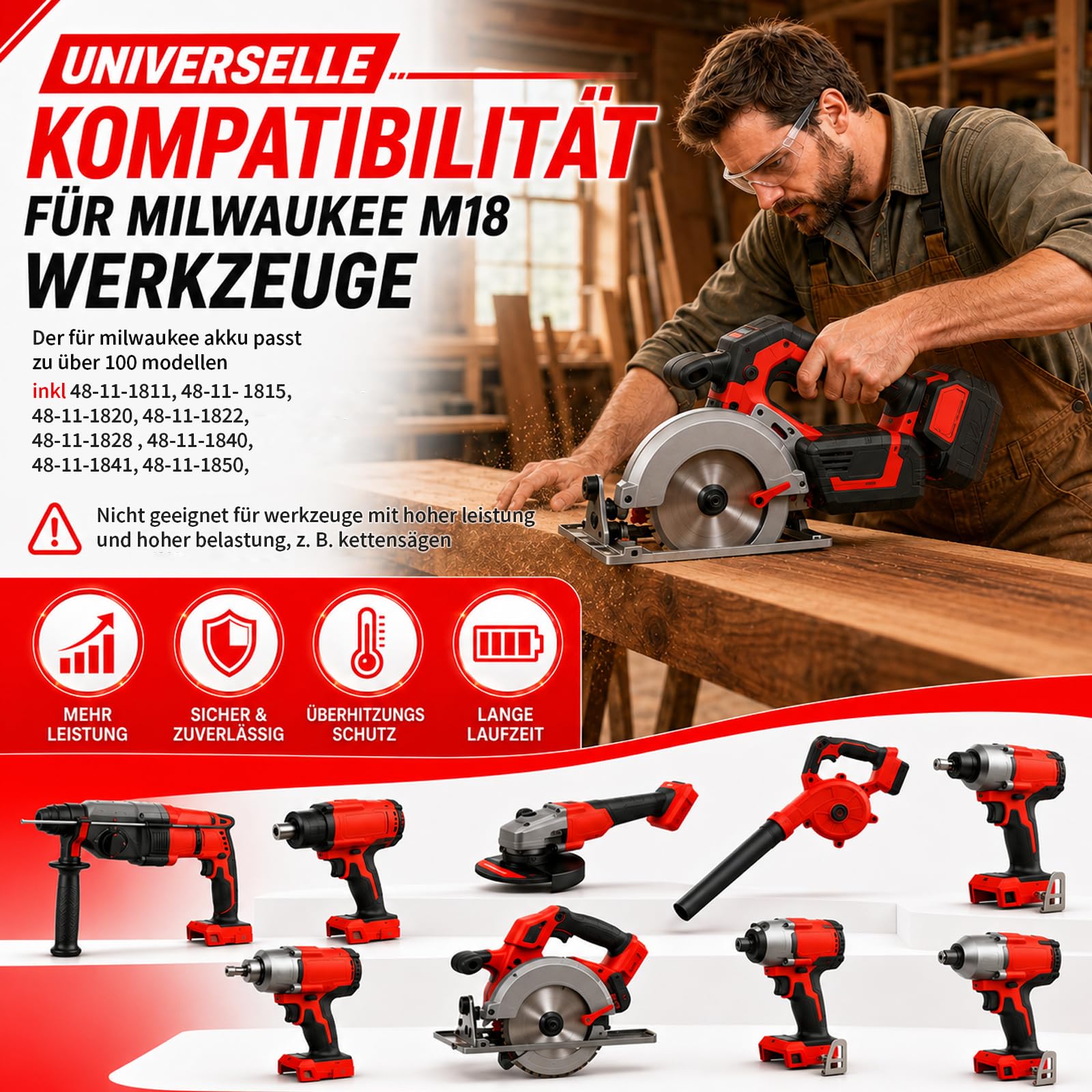 12000mAh Lithium Ersatz für Milwaukee M18 Akku 12.0Ah Kompatibel mit Milwaukee Akku 18V 48-11-1815, 48-11-1841, 48-11-1850, 48-11-1828, 48-11-1840 mit LED-Anzeige (1 × 12.0Ah)
