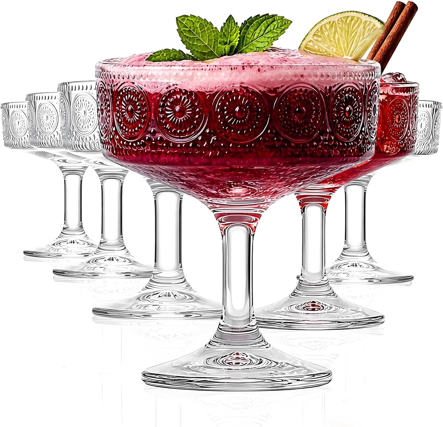 Pumtus Set of 6 Vintage Coupe Glasses, 7 OZ Embossed Martini Glass, Floral Fluted Cocktail Glasses, Unique Clear Margarita Cup, Romantic Drinking Glassware for Cocktail Wine Champagne