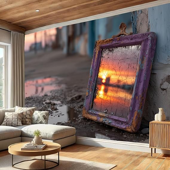 3D Wall Mural Sunset Abandoned Warehouse Print Photo Wallpaper, Desert Landscape Silk Mural Decoration Poster Picture Design Wall Art for Living Room Kids Bedroom Background,Earth Color, 400x280cm