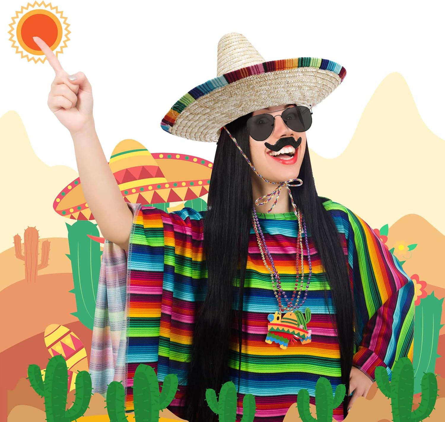 14 Pcs Mexican Costume Set Adult Cinco De Mayo Costume Accessory 54 x 30 in Mexican Serape Poncho 17 in Big Straw Sombrero Hat Necklaces Sunglasses Mustache for Fiesta Activity Dia De Muertos Favor