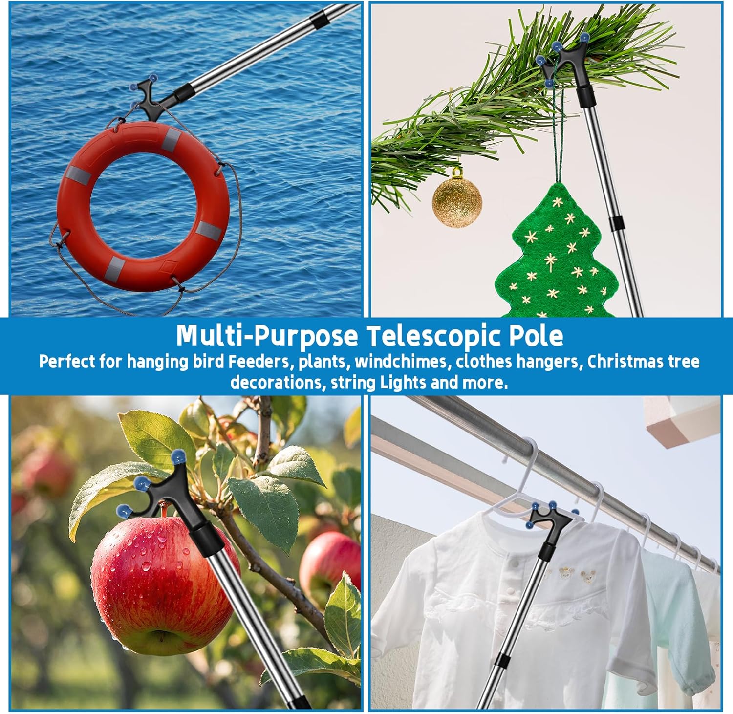Boat Hook with 3-12Ft Adjustable Extension Pole, Push Pole for Boat, Stainless Steel Boat Accessories with Protective Rubber, Threaded End Poles Splicing Rod Kit for Docking, Push-Pull and Boating