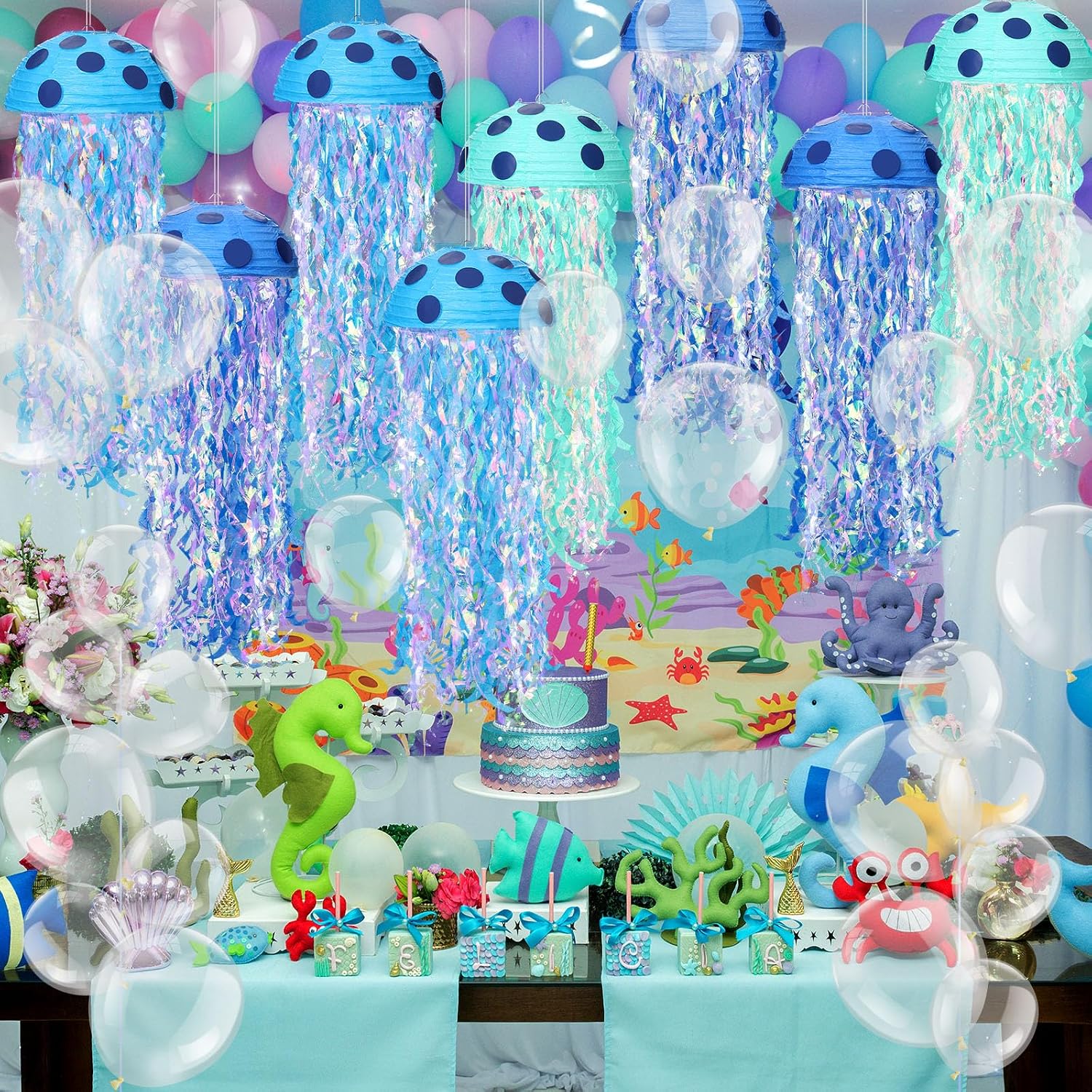 Lunmon 8 Sets Sponge Birthday Party Decor Jellyfish Lanterns, Blue Series image 3