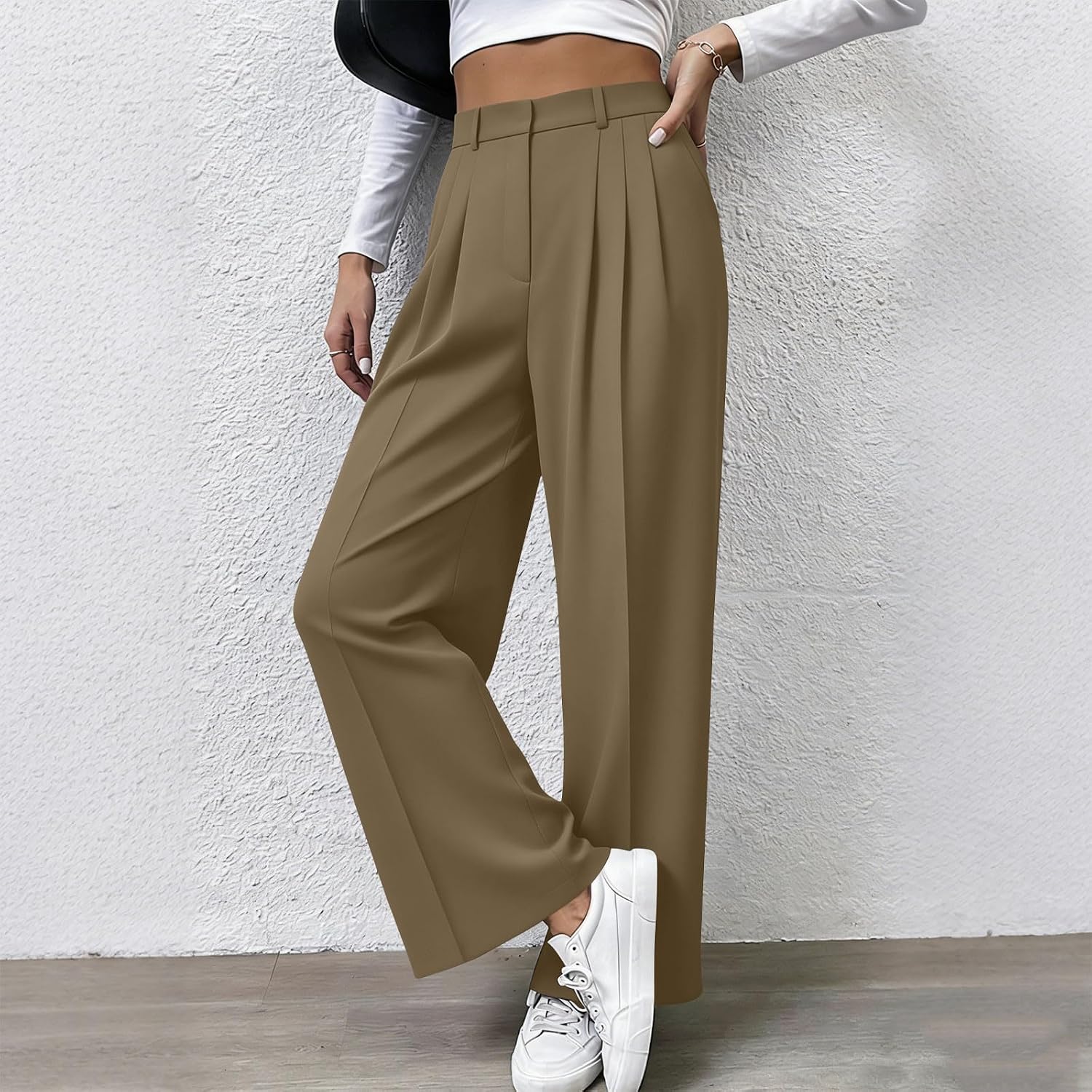 Women's Wide Leg Dress Pants 2026 High Waisted Button Pleated Business Casual Trousers Office Work Palazzo Pant