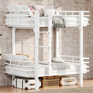 Feonase Metal Bunk Bed Twin Over Twin, Industrial Bunkbeds Heavy Duty Bed with High Safety Guard Rails and Built-in Handrails & Wide Steps, Steel Bed for School, Bedroom, White