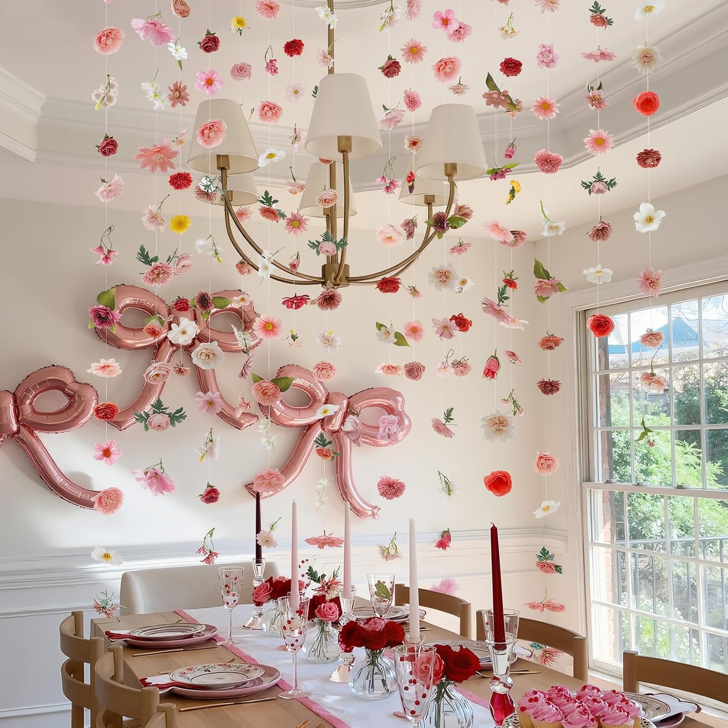 Suncalla 6 Pcs 35.46 ft Flower Garlands Backdrop Spring Artificial Wildflower Vines Floral Decorations for Party Fake Flower Vines Faux Silk Wildflower for Easter Wedding Garden Wall Arch(Pink)