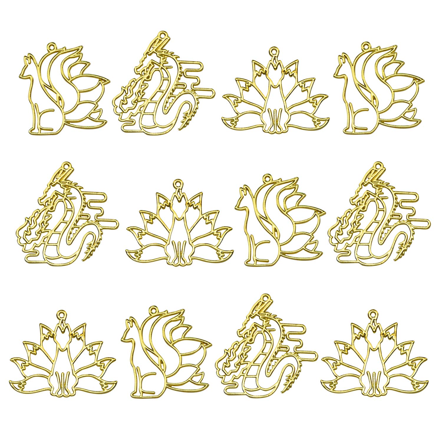 レジン枠 空枠 フレーム MUNCVY パーツ ゴールド 3種12個 セット uvクラフト 大量 カン付き 伝説の動物 和風 九尾の狐 龍 美しい セッティング アクセサリーパーツ から枠 ペンダント ハンドメイド 手作