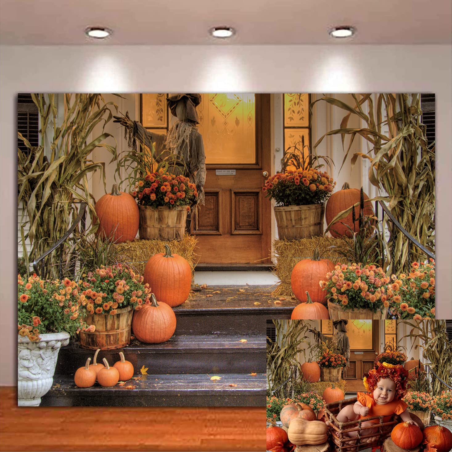 Autumn Pumpkin Photography Backdrop Fall Thanksgiving Fall Wooden Floor Barn Harvest Friendsgiving Backdrop Autumn Photo for Kids Parties Family