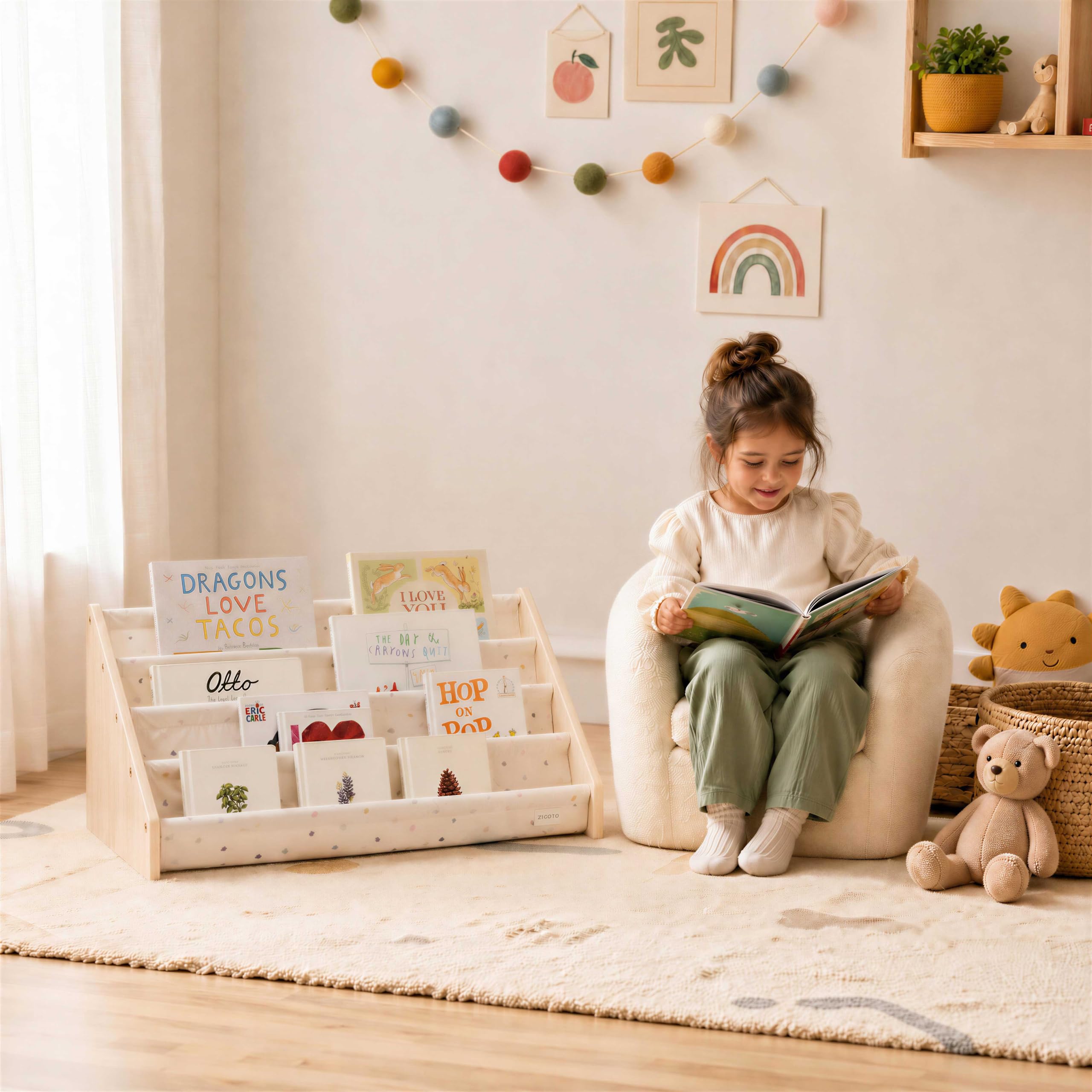 ZICOTO Estantería decorativa para niños, hermoso estante para mostrar todos los libros, organizador perfecto para habitación Montessori de bebé o niño, decoración de sala de juegos