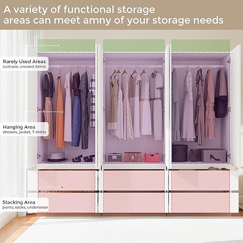 Miniatura 6 de Armario Armario con 6 puertas, armario de madera con 6 cajones, barra para colgar y estantes, armarios independientes para dormitorio (blanco, 3)