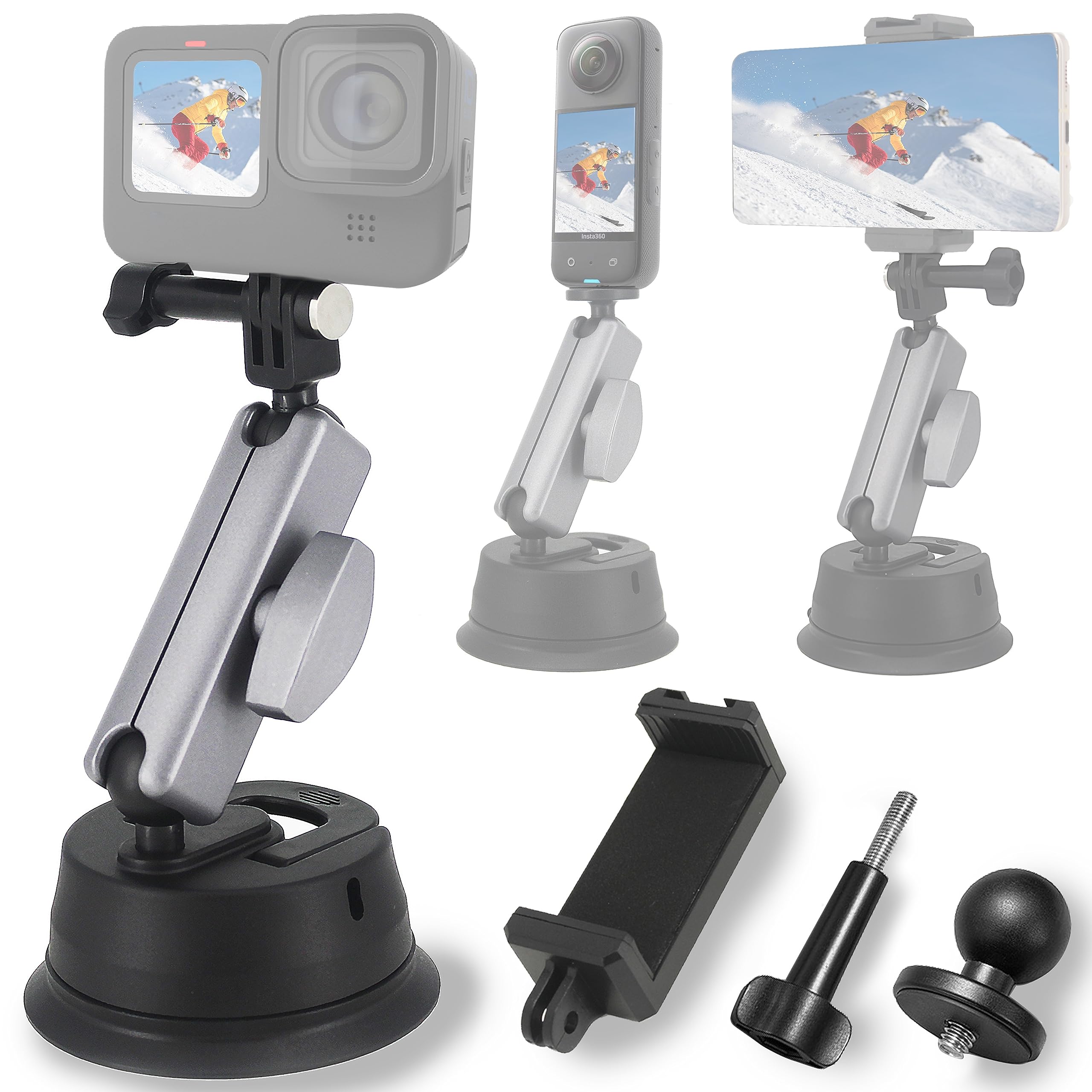 FiTSTILL Compatible for Suction Cup Mount Go Pro Max Mini Hero 12 11 10 9 8 7 6 5 DJI,Pocket 2,ONE RS, R,ONE X3, X2, with 1/4"-20 Standard Thread Adapter,Double Ball Head Mechanism