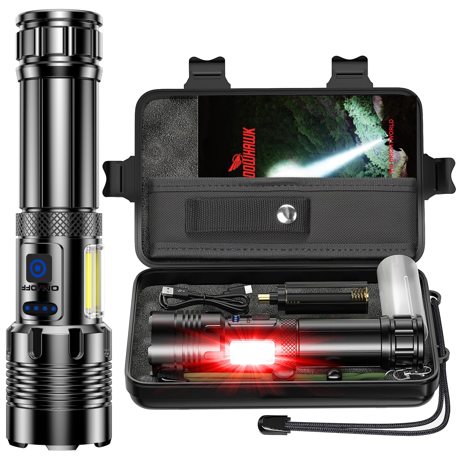 Shadowhawk Torch Light High Power 10000 Lumens, COB Side Light & Long Range | 30W Powerful LED Super Bright Flashlight Rechargeable, 7 Modes, Military Waterproof USB C Torches for Camping/Home/Emergency-picture-42