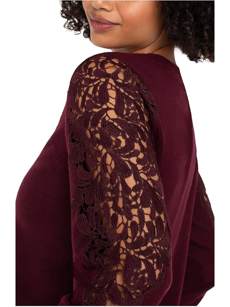 Burgundy Liverpool Los Angeles Long Sleeve Crew Neck Lace Inset Knit Top