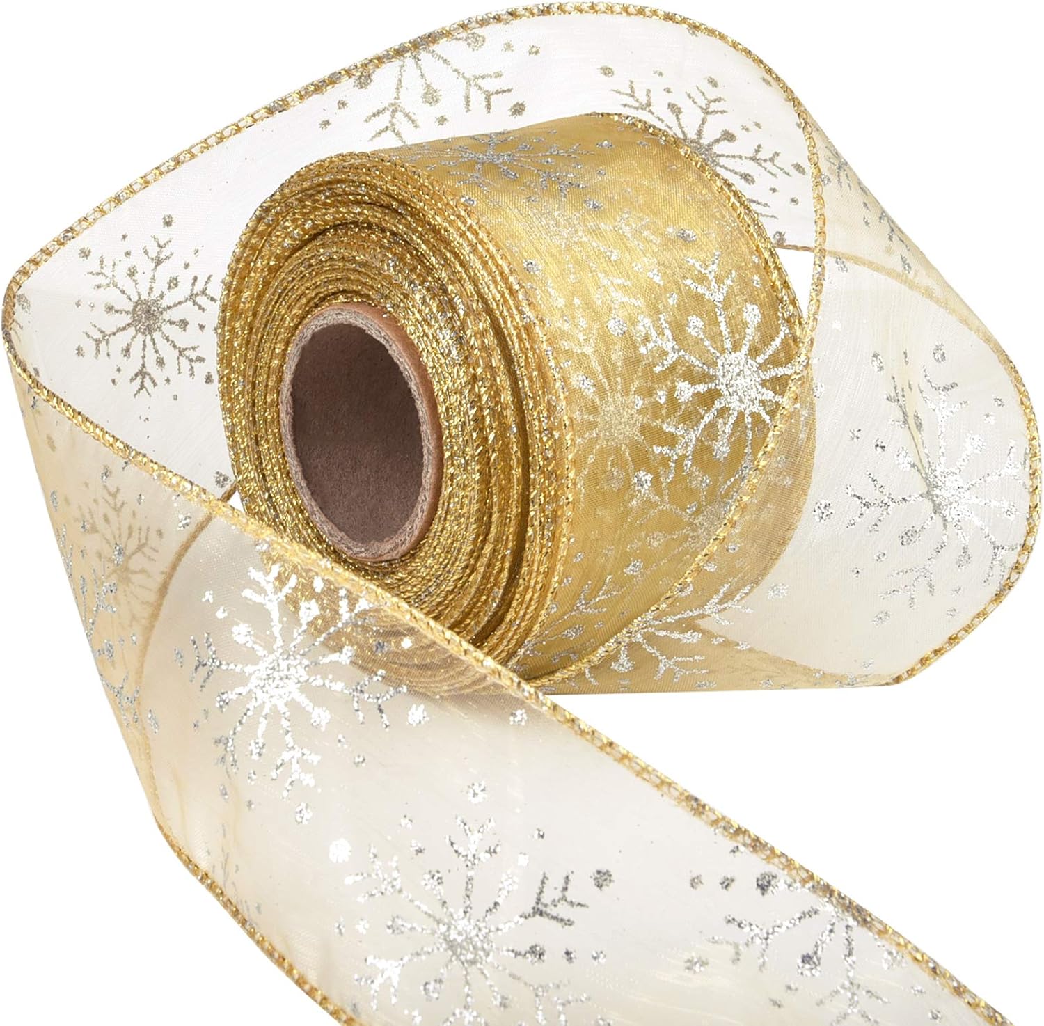 2.5 Inch Wide Christmas Wired Ribbon Snowflake Organza Sheer Glitter Ribbon for Xmas Tree, Wreath, Party Decoration, Gift Wrapping (Silver, 32.7 Foot (Pack of 1))(65.7 Foot (Pack of 1),Golden)