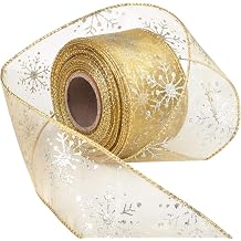2.5 Inch Wide Christmas Wired Ribbon Snowflake Organza Sheer Glitter Ribbon for Xmas Tree, Wreath, Party Decoration, Gift Wrapping Golden, 21.9 Yards