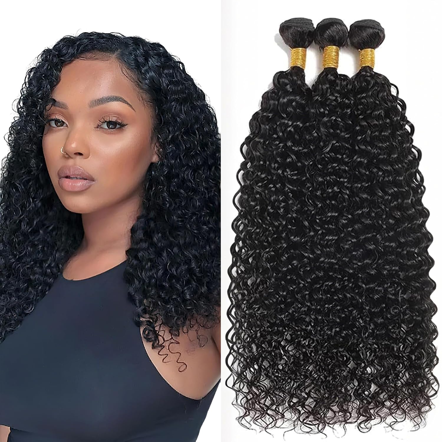 Curly Wave Bundles Human Hair 12 14 16 Inches Black Human Hair Bundles Color #1B 3 Bundles Human Hair Extension 150G Total