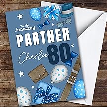 Personalised Birthday Card For Male Partner 80th Blue Balloons Presents | Personalised Birthday Card For Partner, Him, 80th, Milestone Birthdays