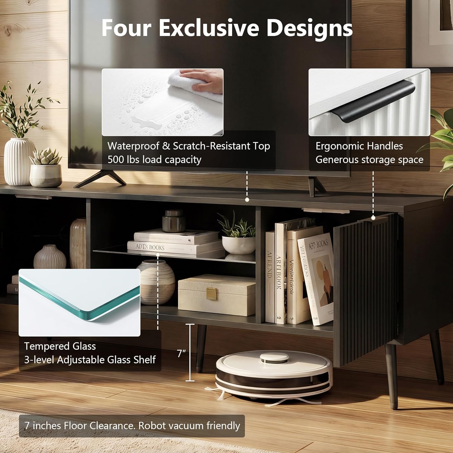 Foxemart Black TV Stand Media Console Table for 30 32 40 43 50 55 60 Inch TV, Modern Entertainment Center with Power Outlet & RGB LED Lights, Adjustable Glass Shelves for Living Room Game Room