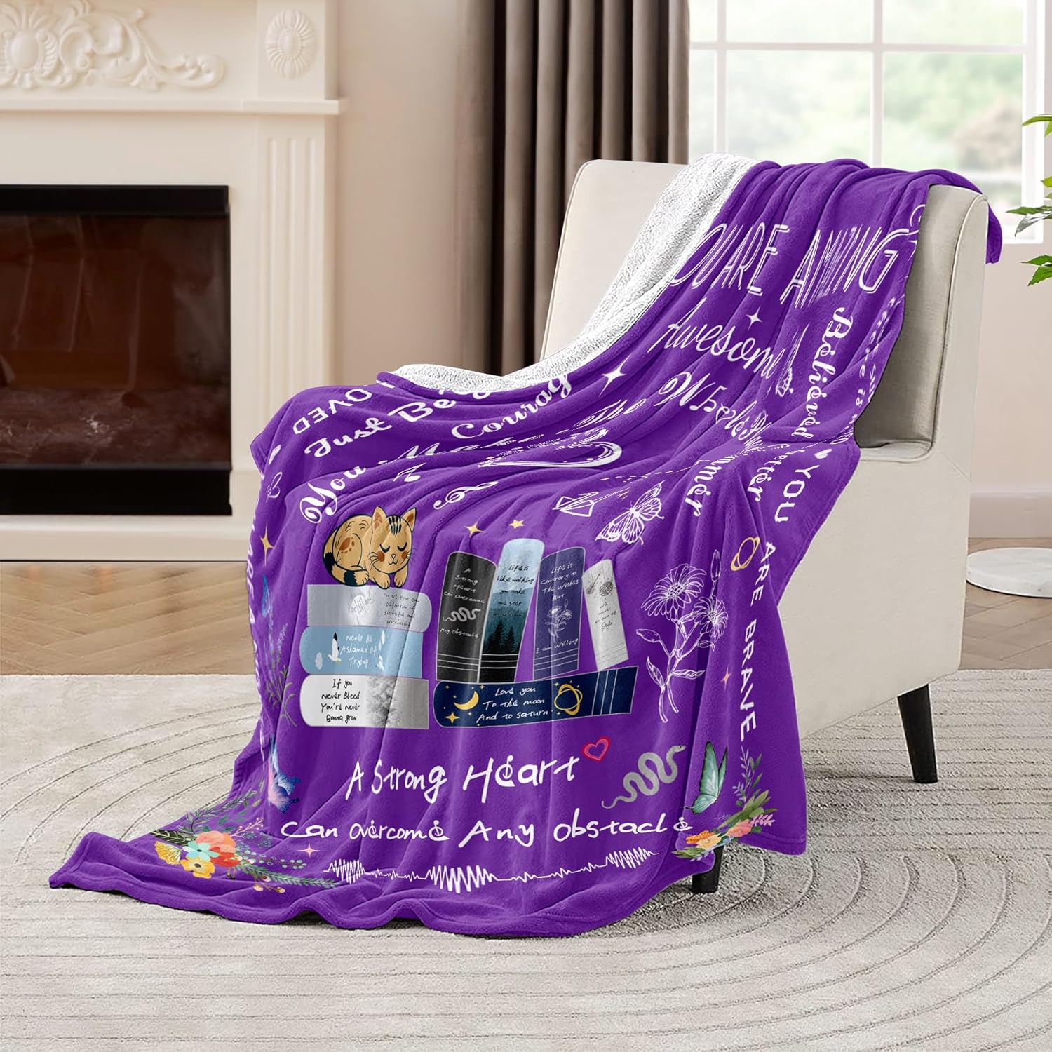 Purple Encouragement Throw Blanket Birthday Gifts for Women 52'' x 60'',Hug Get Well Blanket with Words of Affirmation Inspirational Positive Thoughts and Quotes for Sister Friend,Grandma - Image 2