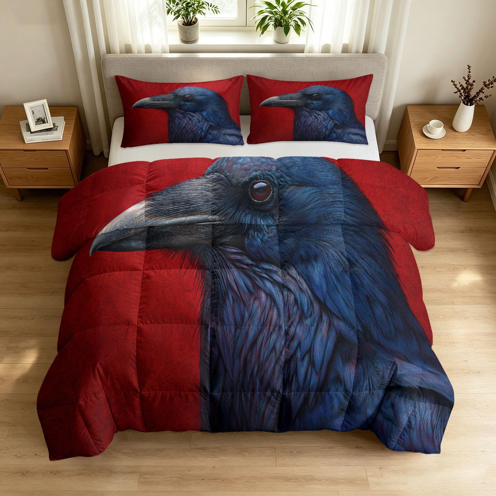 Ciemna gotycka kołdra 240x260 cm Kruk z piór z nadrukiem 3D 4 pory roku Kołdra, Miękka oddychająca Można prać w pralce z 2 poszewkami na poduszki 65x65cm
