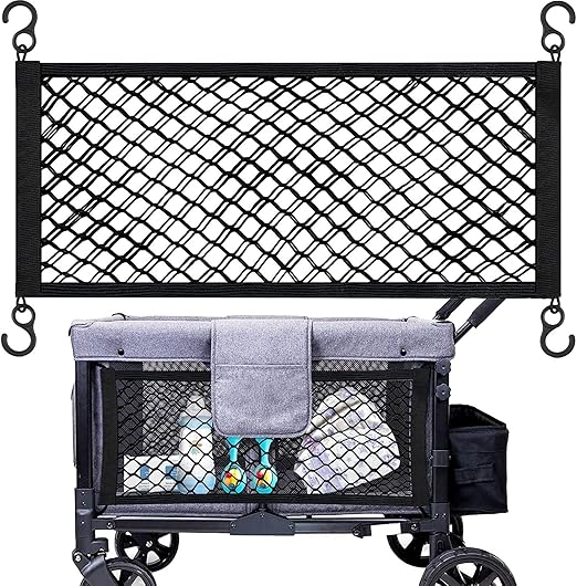 Stroller Wagon Cargo Net, Heavy Duty Baby Stroller Organizer Mesh Cargo Net for Extra Storage Space Featuring Super Stretchable Netting and Large Storage Capacity Pocket, 13.8 x 27.5 Inch (Black)