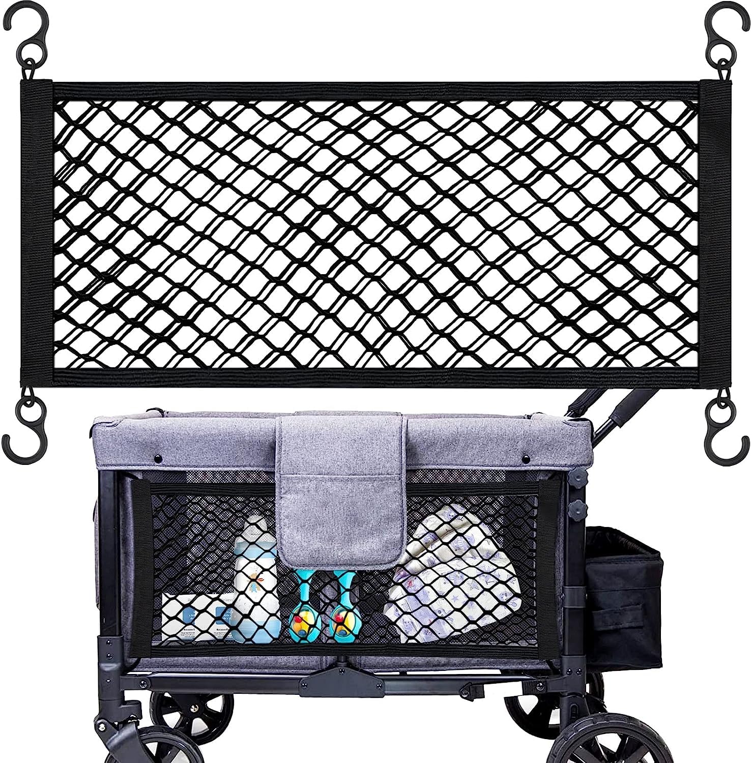 Stroller Wagon Cargo Net, Heavy Duty Baby Stroller Organizer Mesh Cargo Net for Extra Storage Space Featuring Super Stretchable Netting and Large Storage Capacity Pocket, 13.8 x 27.5 Inch (Black)