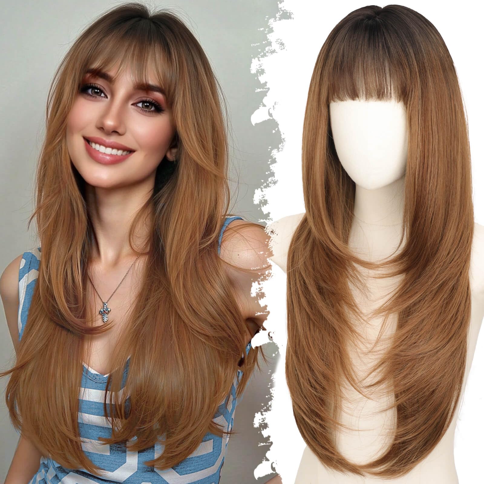 Eawwii Long Light Brown Wig with Bangs for Women- Dark Root to Brown,4x4 Realistic Scalp,Free Parting,Layered Hairstyle Synthetic Heat Resistant for