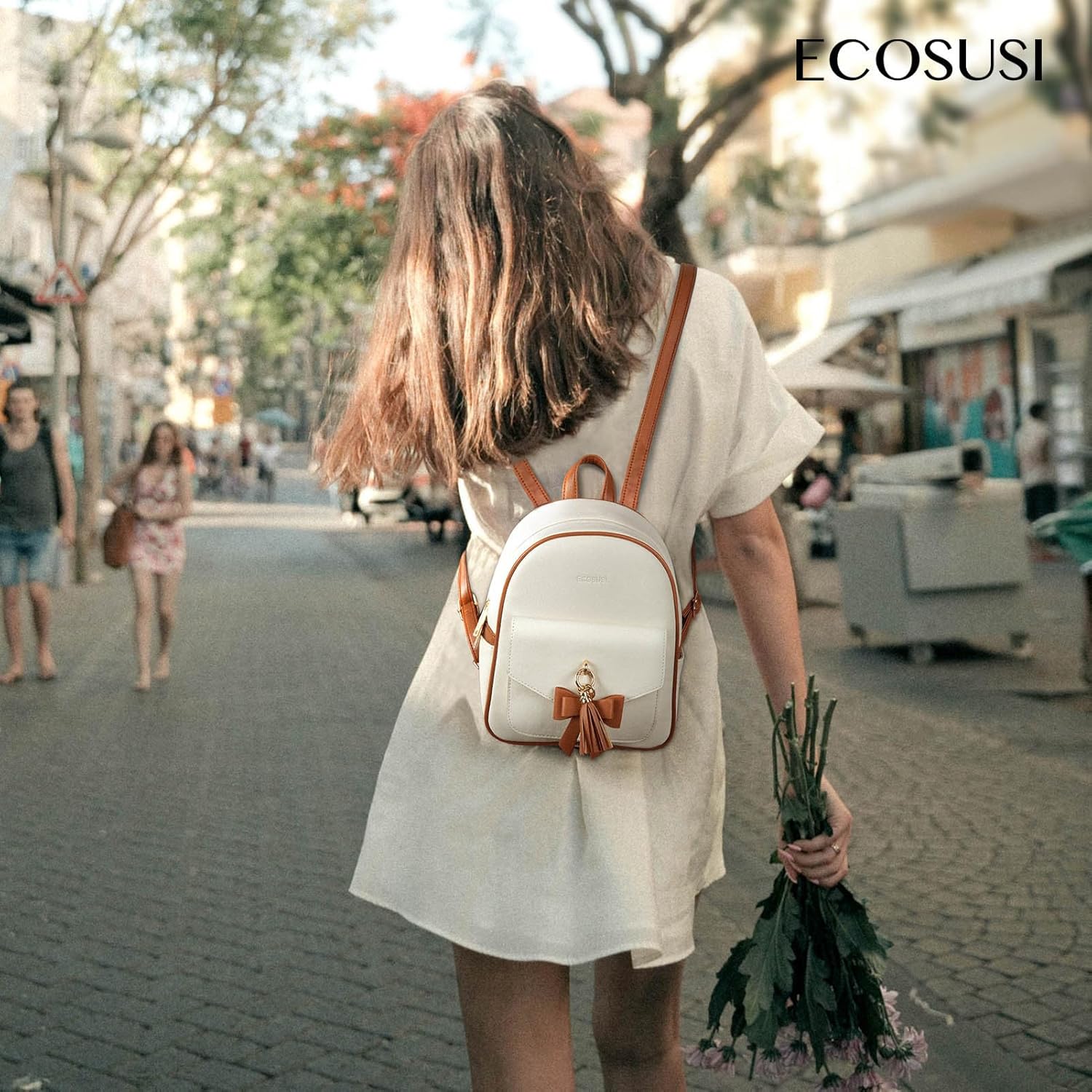 ECOSUSI Mini Backpack for Women Girls Cute Bowknot Small Backpack Purse Ladies Leather Bookbag Satchel Bag, with Charm Tassel White＆Brown - Image 2