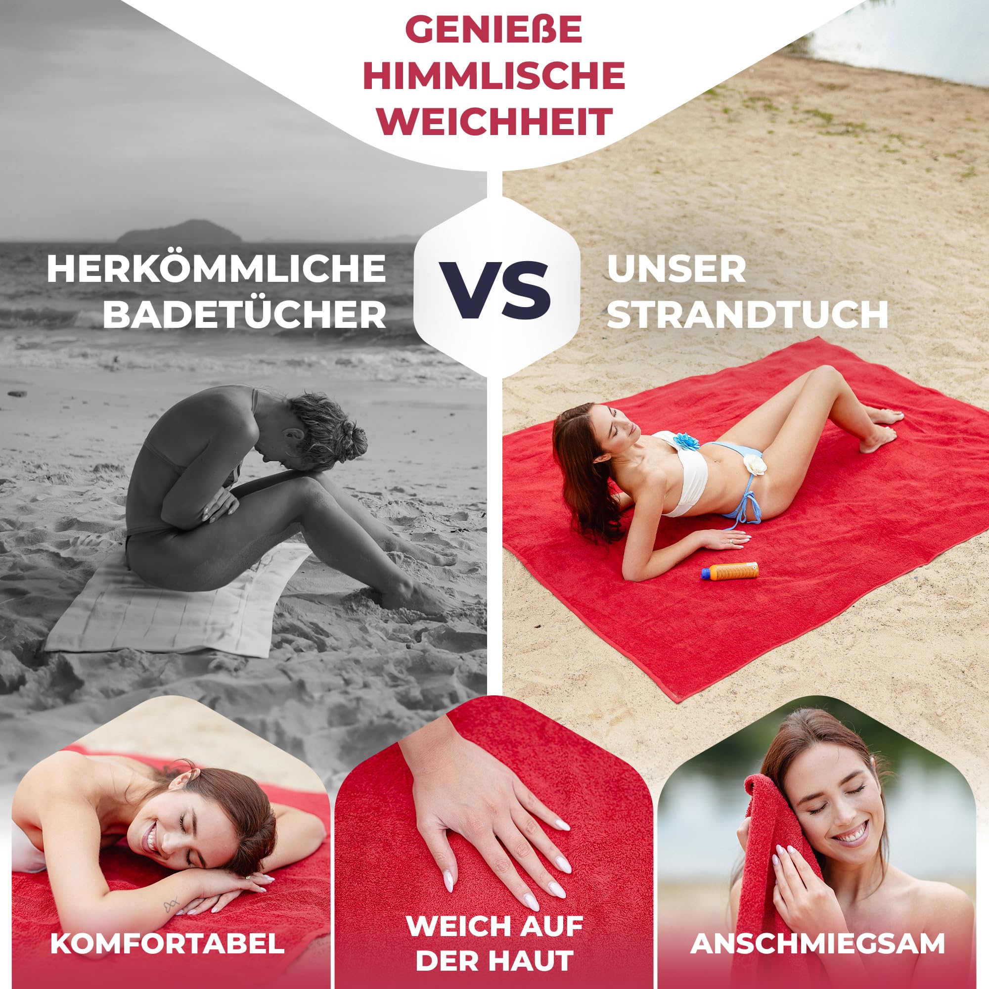 Strandtuch XXL Rot, 100% Baumwolle, 155x220cm - XXL Strandhandtuch - Badetuch in Übergröße -Duschhandtuch, Badehandtuch & Saunatuch