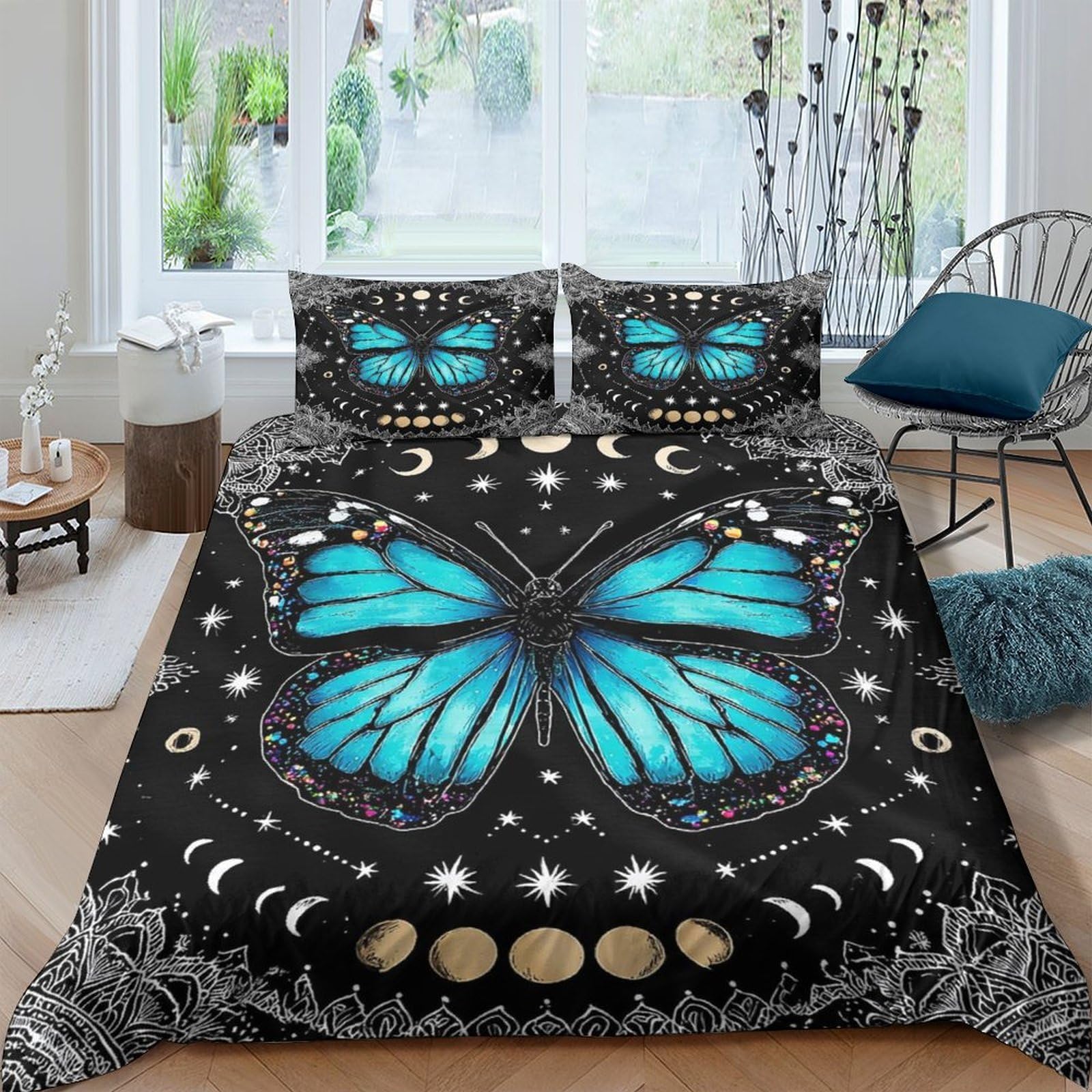 GPLZQXKJNH 3D Printed Blue Butterfly Duvet Cover Microfiber Soft Breathable Moon Pattern Bedding Set with 2 Pillowcases for Bedroom Decor Single（135x200cm）