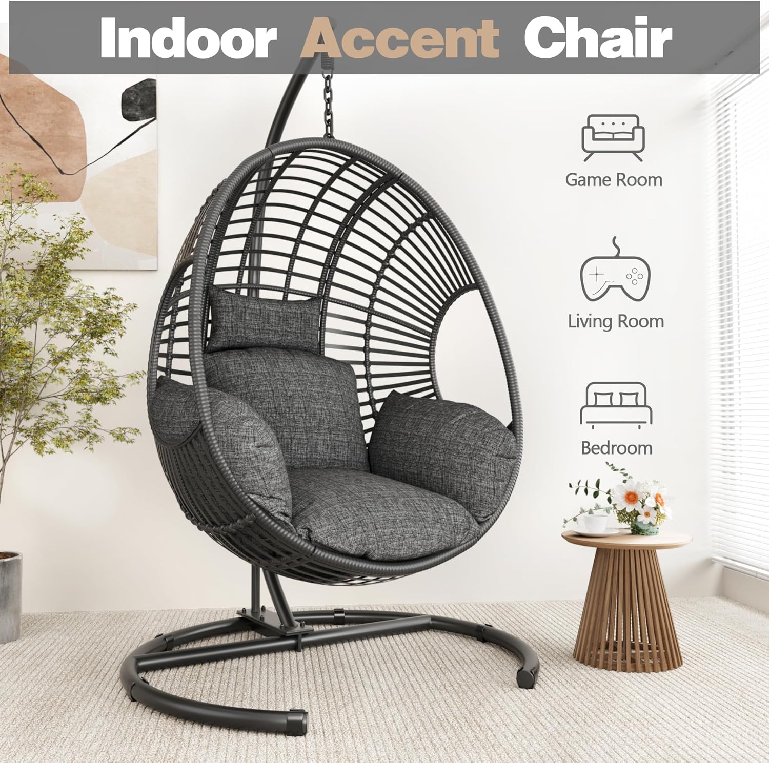 Oversized Hanging Egg Chair with Stand Outdoor Wicker Swing Chair Comfy Hammock Egg Shaped Chair 400lbs Capacity for Patio, Garden and Balcony