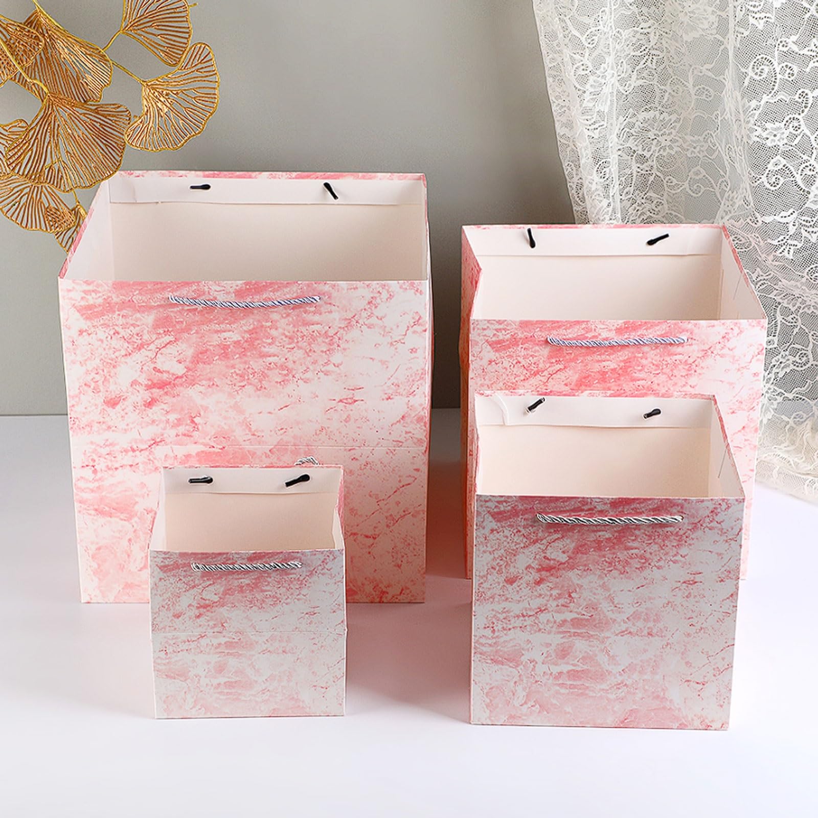 Paquete de 10 bolsas papel cuadradas mármol rosa premium, perfectas for regalos fiesta, cajas cumpleaños y compras elegantes(25 * 25 * 25cm)