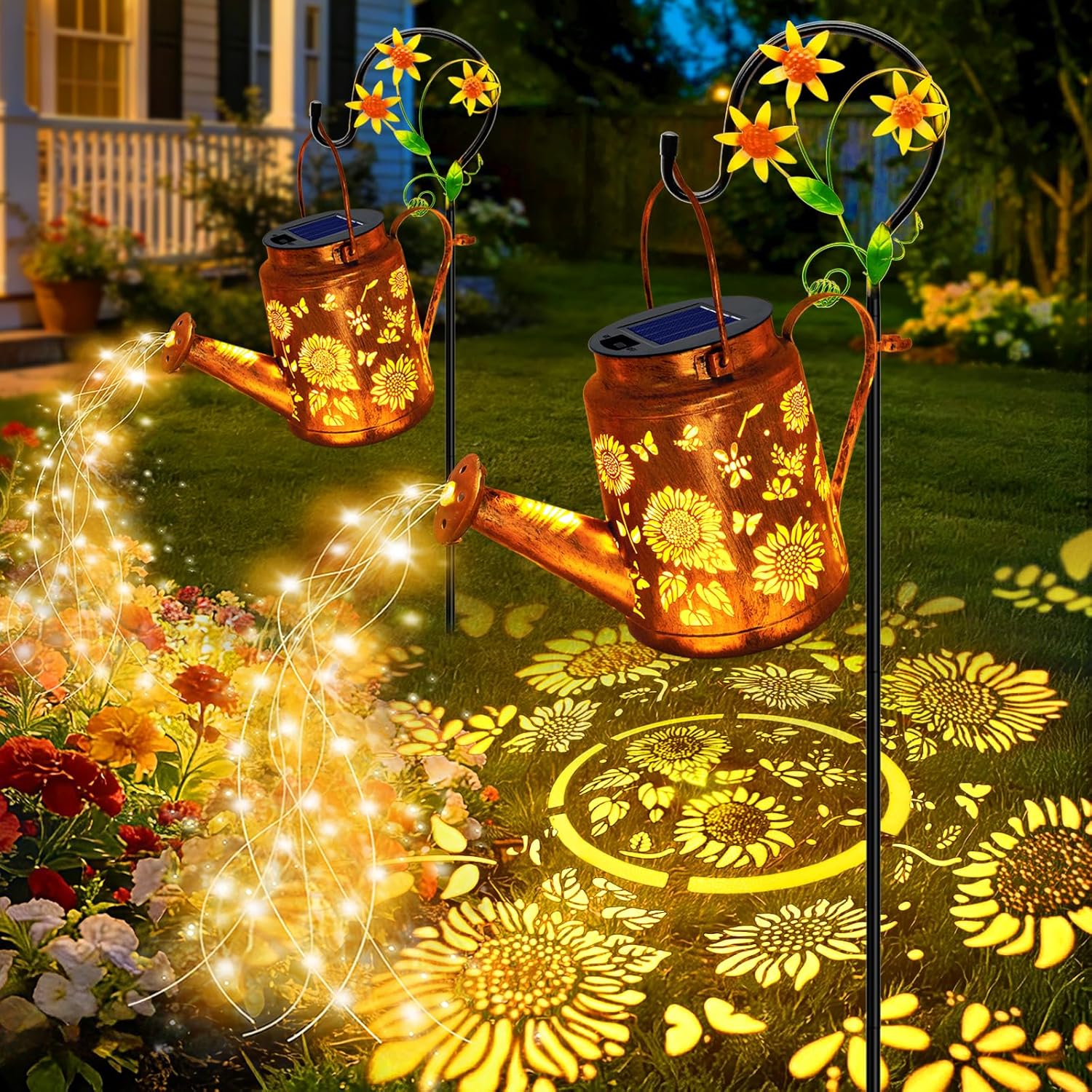 ANGMLN 2 Pack Solar Lights Outdoor Waterproof, Sunflower Solar Watering Can Lights with Shepherd Hook, Birthday Gifts for Mom Grandma Women, Metal Hanging Lantern Garden Decor Yard Outside Patio