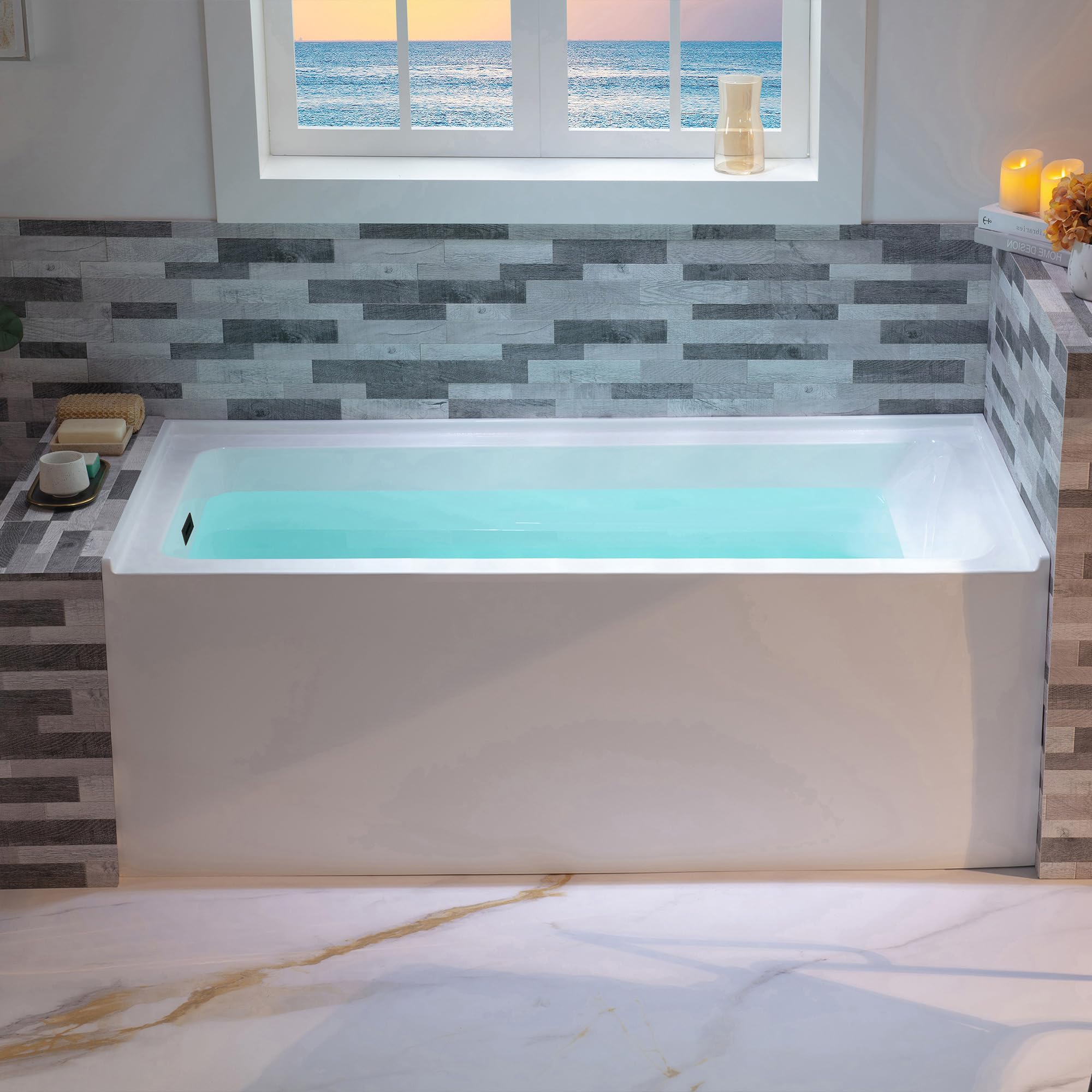 WOODBRIDGE 60" Acrylic Rectangular Alcove Soaking Bathtub in White with Left Drain, Oil Rubbed Bronze pop-up Drain Included, LB429-L