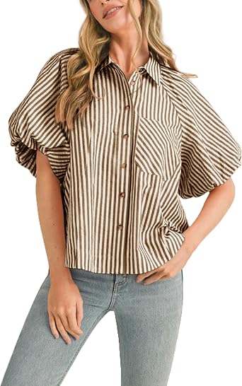 Womens Striped Button Down Shirt Puff Sleeve Collared V Neck Loose Casual Dressy Blouse Top