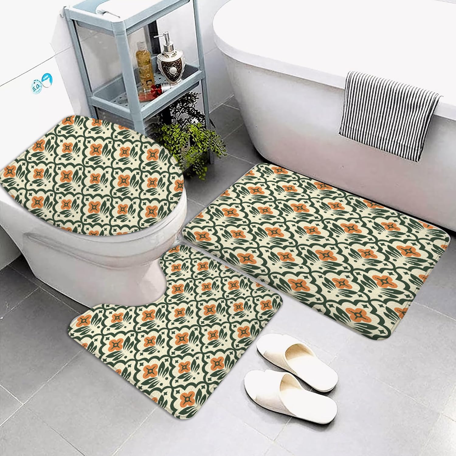 4PCS Vintage Boho Floral Shower Curtain Set, Modern Abstract Orange Green Waterproof Bathroom Accessories with Non-Slip Rugs, Toilet Lid Cover Bath Mat and 12 Hooks, Home Decor 72" X 72"